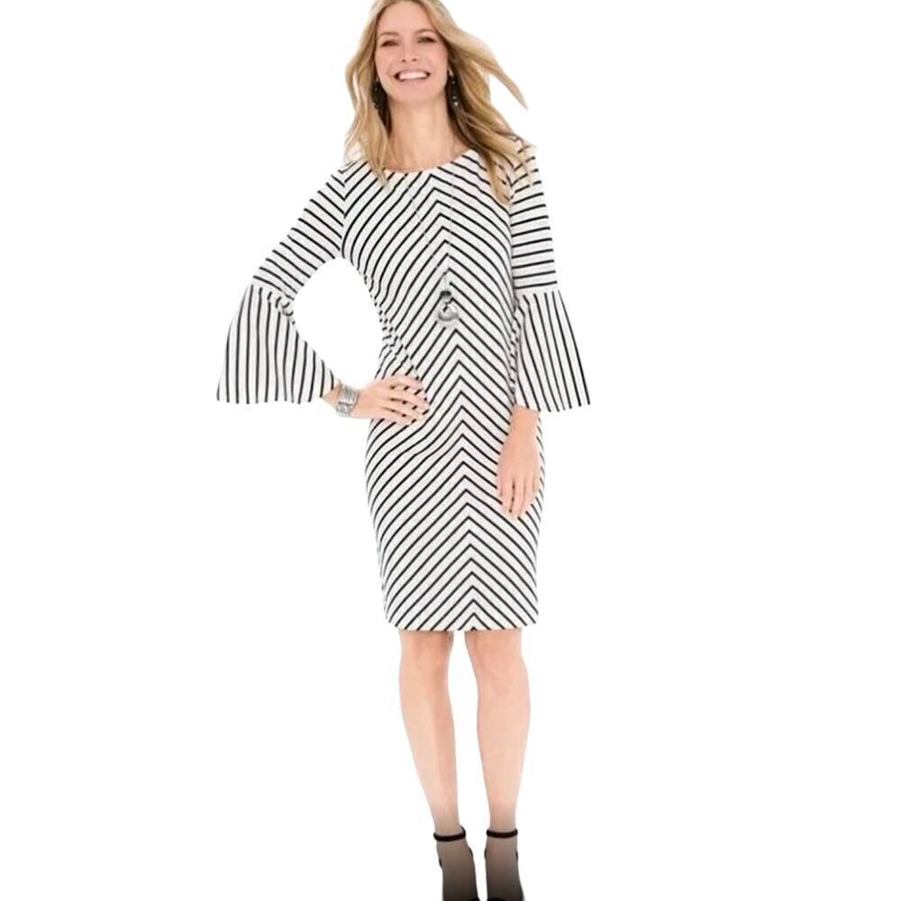 Chicoβs Womenβs White Black Bias Bell Sleeve Shift Dress Size 1 (8/10)